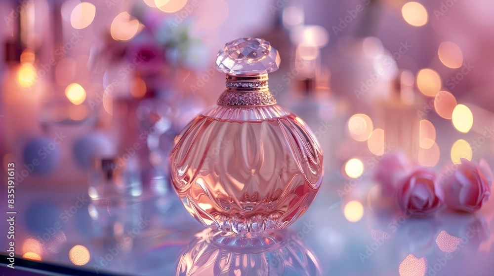 Rose gold perfume bottle illuminated by soft lighting, on a glass dressing table with beauty products, pink background Rose gold perfume bottle illuminated by soft lighting, on a glass dressing table with beauty products, pink background
