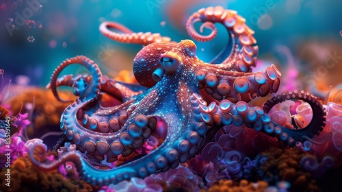 Radiant neon octopus elegantly moving through an underwater paradise filled with soft, beautiful coral
