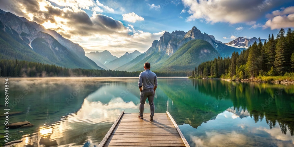 Serene man on a dock, captivated by the breathtaking view of towering mountains , Serene, man, dock, breathtaking view, mountains, nature, peaceful, tranquil, meditation, reflection