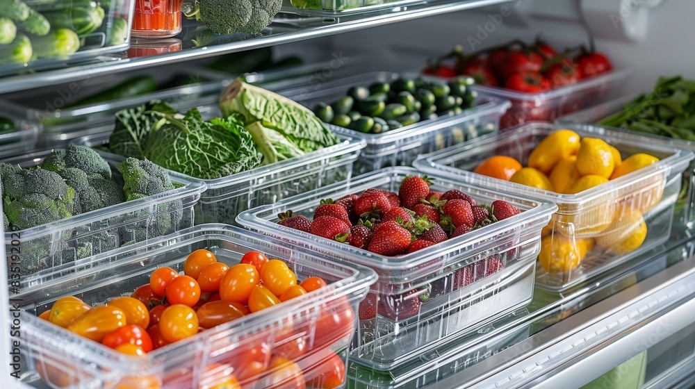 Plastic containers filled with an assortment of fresh produce, placed in a well-organized refrigerator shelf