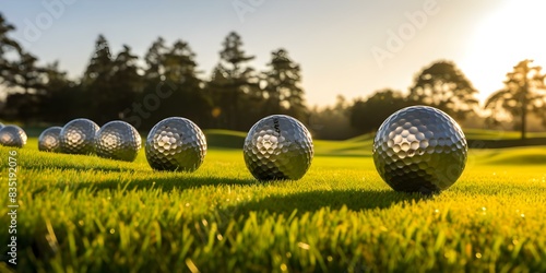 Golf ball on tee with fairway background and club, featuring copy space. Concept Golf, Ball, Tee, Fairway, Club, Copy Space photo