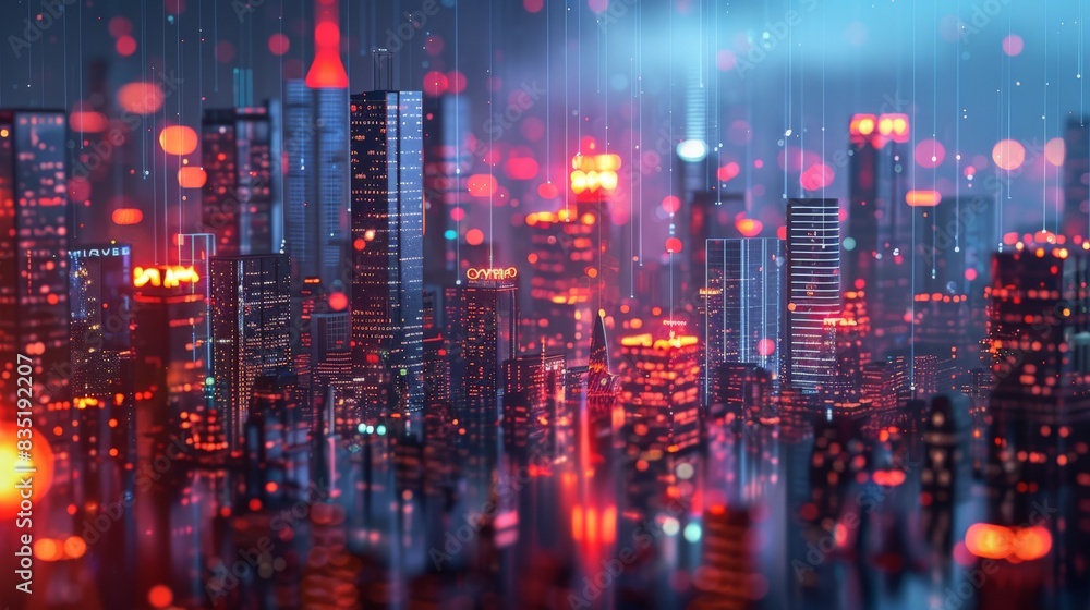 Fototapeta premium This image depicts a vibrant and colorful neon-lit cityscape, potentially representing a futuristic urban environment