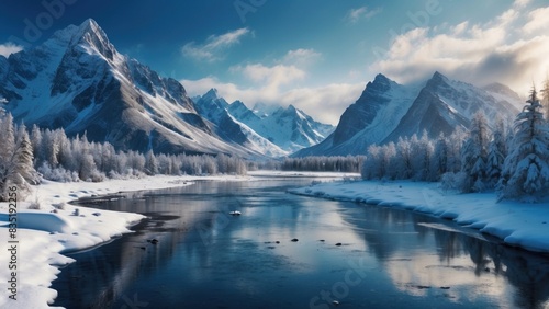 Wild river landscape flowing in frozen mountain valley, around beautifully snowy spruce trees