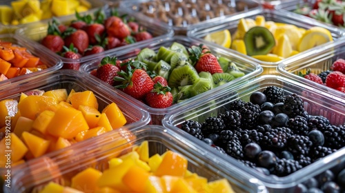 Neatly arranged plastic containers with a variety of exotic fruits and crisp vegetables in a farmer's market setting