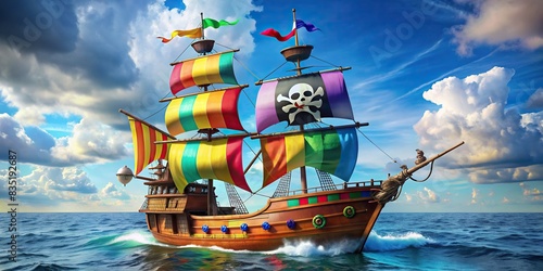 cartoon pirate ship with colorful sails and skull-and-crossbones flag floating on an ocean, Pirate, cartoon,ship, ocean, sails, skull and crossbones, flag, treasure, adventure, Jolly Roger photo