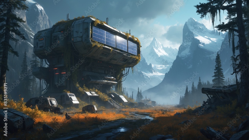 Game art showing cyber technical layout of buildings constituting a research station on a very frosty planet, in the background you can see even apocalyptic mountains, which are covered by frozen snow Game art showing cyber technical layout of buildings constituting a research station on a very frosty planet, in the background you can see even apocalyptic mountains, which are covered by frozen snow