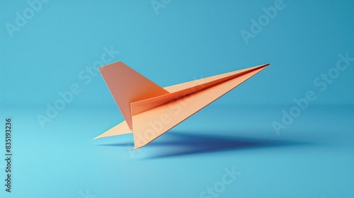 Orange paper airplane on a bright blue background symbolizes creativity, simplicity, and childhood fun. 3D Illustration.