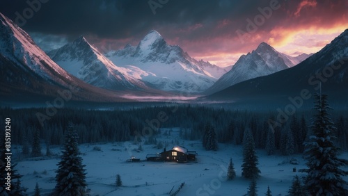 Fantasy landscape winter cottage in the mountains