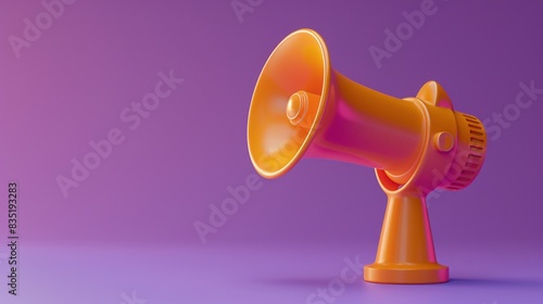 Orange megaphone against a purple background, symbolizing communication, announcement, and promotion in a vibrant, minimalistic style. 3D Illustration. © Tackey