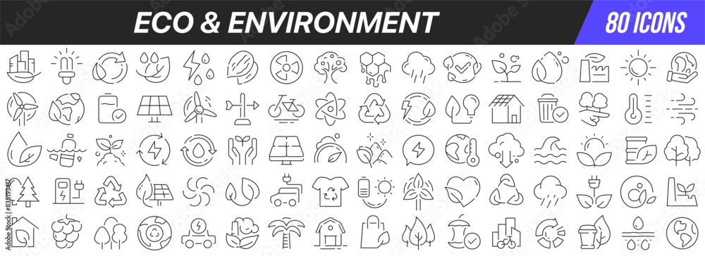 Eco and environment line icons collection. Big UI icon set in a flat design. Thin outline icons pack. Vector illustration EPS10 Eco and environment line icons collection. Big UI icon set in a flat design. Thin outline icons pack. Vector illustration EPS10
