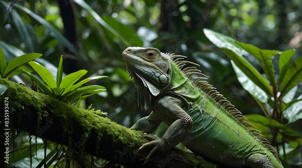 A green iguana basking on a lush leafy branch in the rainforest A green iguana basking on a lush leafy branch in the rainforest