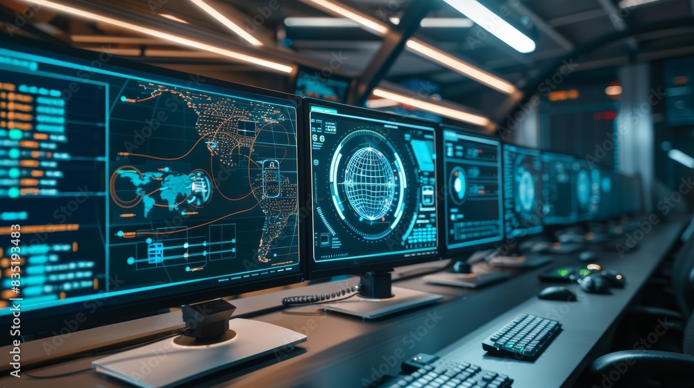 a high-tech cybersecurity operations center, buzzing with intense activity and a sense of urgency. The scene showcases a room filled with rows of computer monitors, displaying intricate network a high-tech cybersecurity operations center, buzzing with intense activity and a sense of urgency. The scene showcases a room filled with rows of computer monitors, displaying intricate network