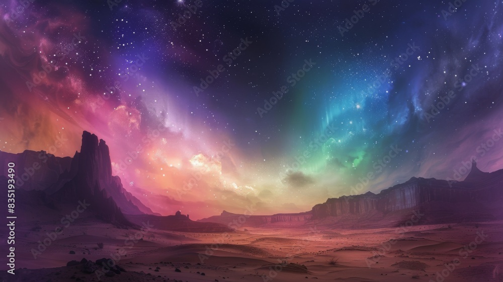 Obraz premium Southern Lights over a desert landscape, with the stark contrast of colorful lights against the barren, sandy ground.