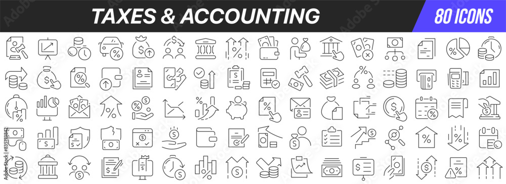 Taxes and accounting line icons collection. Big UI icon set in a flat design. Thin outline icons pack. Vector illustration EPS10 Taxes and accounting line icons collection. Big UI icon set in a flat design. Thin outline icons pack. Vector illustration EPS10