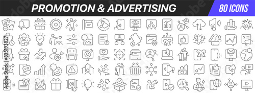 Promotion and advertising line icons collection. Big UI icon set in a flat design. Thin outline icons pack. Vector illustration EPS10