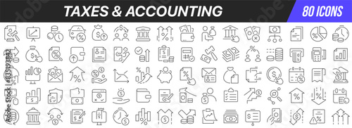 Taxes and accounting line icons collection. Big UI icon set in a flat design. Thin outline icons pack. Vector illustration EPS10