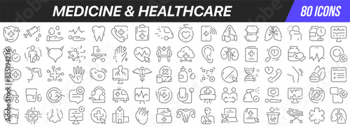 Medicine and healthcare line icons collection. Big UI icon set in a flat design. Thin outline icons pack. Vector illustration EPS10