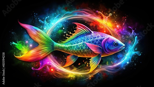 Vibrant colorful Pisces zodiac sign on black background, astrology, horoscope, vibrant, colorful, Pisces, zodiac,black background, vibrant colors, mystical, spiritual, water sign, celestial photo