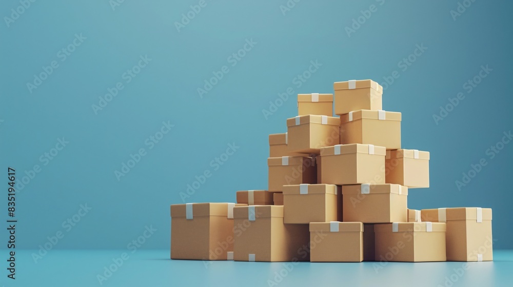 Pyramid of stacked cardboard boxes against blue background representing shipping, logistics, and storage concepts. 3D Illustration. Pyramid of stacked cardboard boxes against blue background representing shipping, logistics, and storage concepts. 3D Illustration.