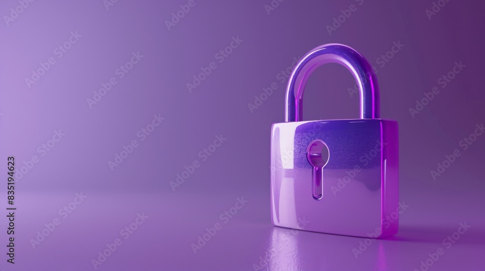 Purple padlock under studio lighting symbolizing security and protection over a purple background. Minimalistic and modern design. 3D Illustration. Purple padlock under studio lighting symbolizing security and protection over a purple background. Minimalistic and modern design. 3D Illustration.