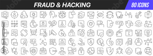 Fraud and hacking line icons collection. Big UI icon set in a flat design. Thin outline icons pack. Vector illustration EPS10