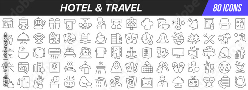 Hotel and travel line icons collection. Big UI icon set in a flat design. Thin outline icons pack. Vector illustration EPS10