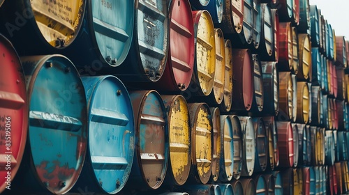 Row of oil barrels stacked at a depot