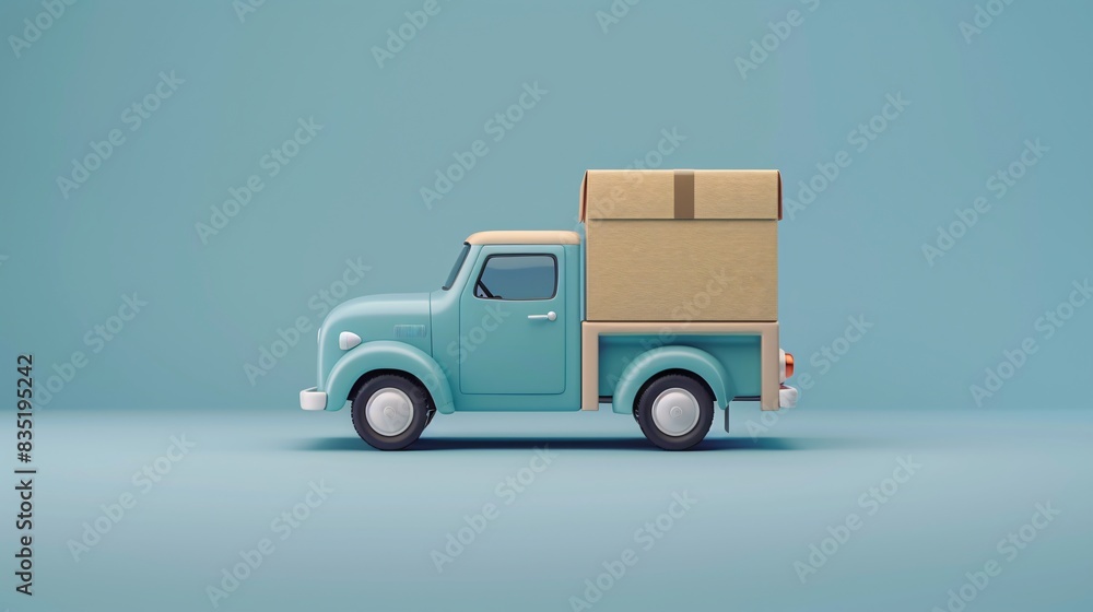 Retro toy truck with cardboard box on blue background. Vintage transportation concept. Perfect for delivery, shipping, and logistics themes. 3D Illustration. Retro toy truck with cardboard box on blue background. Vintage transportation concept. Perfect for delivery, shipping, and logistics themes. 3D Illustration.