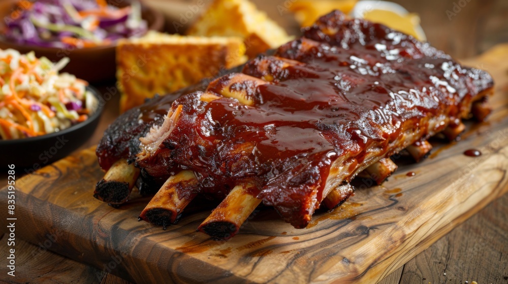 Succulent grilled pork ribs glazed with barbecue sauce, charred to perfection, served on a wooden cutting board with cornbread and coleslaw. Succulent grilled pork ribs glazed with barbecue sauce, charred to perfection, served on a wooden cutting board with cornbread and coleslaw.