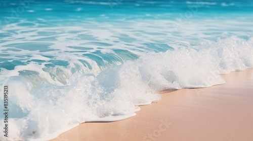Gentle waves crashing onto a serene sandy beach in a coastal paradise