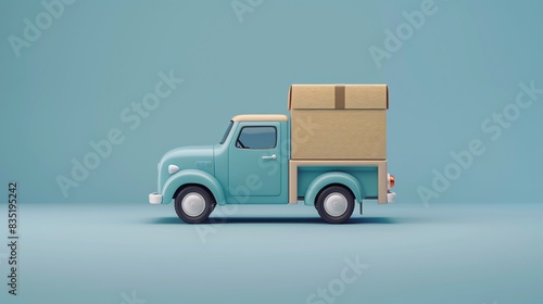 Retro toy truck with cardboard box on blue background. Vintage transportation concept. Perfect for delivery, shipping, and logistics themes. 3D Illustration. © Tackey