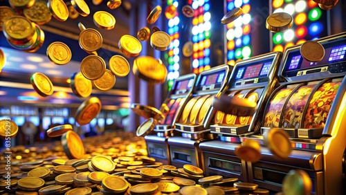 Image of a slot machine pouring out a cascade of coins in a casino setting, gambling, casino, jackpot, winning, money, luck, fortune, wealth, excitement, celebration, slot machine, coins