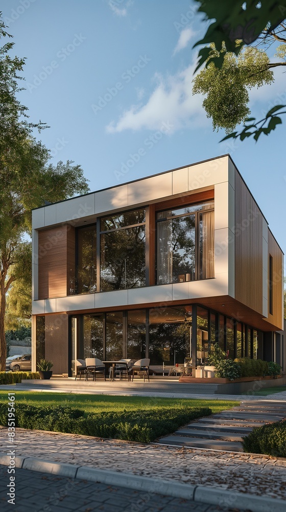 Obraz premium Vertical Image Of A Modern House With A Tree In The Background.