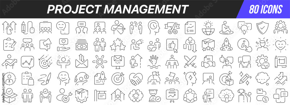 Project management line icons collection. Big UI icon set in a flat design. Thin outline icons pack. Vector illustration EPS10 Project management line icons collection. Big UI icon set in a flat design. Thin outline icons pack. Vector illustration EPS10