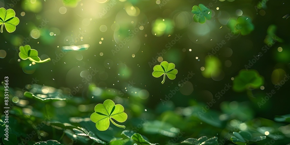 Flying green shamrocks in a St Patrick's Day background. Concept St Patrick's Day, Green Shamrocks, Festive Background, Irish Traditions, Luck of the Irish Flying green shamrocks in a St Patrick's Day background. Concept St Patrick's Day, Green Shamrocks, Festive Background, Irish Traditions, Luck of the Irish