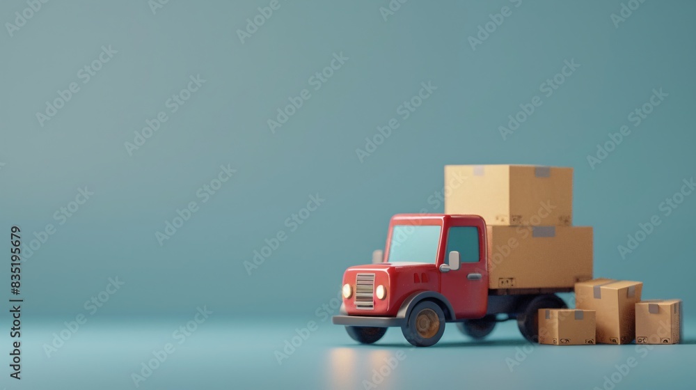 Small red truck with cardboard boxes on a blue background, representing delivery, shipping, and logistics services. 3D Illustration. Small red truck with cardboard boxes on a blue background, representing delivery, shipping, and logistics services. 3D Illustration.