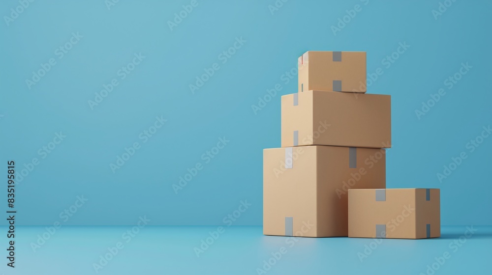 Stack of cardboard boxes on a blue background. Ideal for themes related to shipping, delivery, logistics, moving, or online shopping. 3D Illustration. Stack of cardboard boxes on a blue background. Ideal for themes related to shipping, delivery, logistics, moving, or online shopping. 3D Illustration.