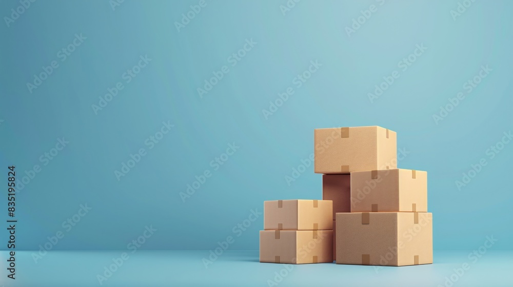Stack of cardboard boxes on a light blue background, ideal for concepts of moving, shipping, delivery, and storage. 3D Illustration. Stack of cardboard boxes on a light blue background, ideal for concepts of moving, shipping, delivery, and storage. 3D Illustration.
