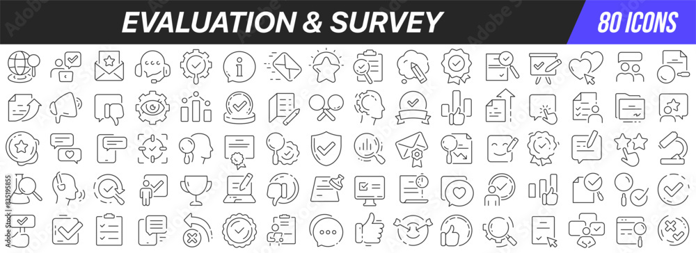 Evaluation and survey line icons collection. Big UI icon set in a flat design. Thin outline icons pack. Vector illustration EPS10 Evaluation and survey line icons collection. Big UI icon set in a flat design. Thin outline icons pack. Vector illustration EPS10