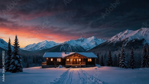 Landscape of wooden hotel in beautiful winter mountain valley