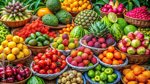 Colorful assortment of fresh Vietnamese fruits , dragon fruit, mango, jackfruit, lychee, pomelo, rambutan, longan, star apple, custard apple, guava, papaya, durian, passion fruit, pineapple photo