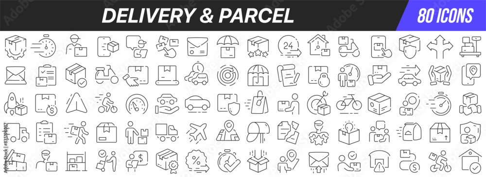 Delivery and parcel line icons collection. Big UI icon set in a flat design. Thin outline icons pack. Vector illustration EPS10 Delivery and parcel line icons collection. Big UI icon set in a flat design. Thin outline icons pack. Vector illustration EPS10