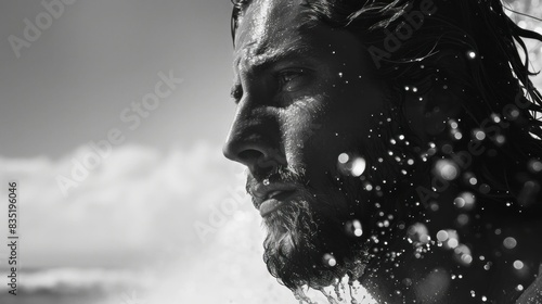 Man with long hair and beard embracing the ocean waves in monochrome beauty and serenity of nature