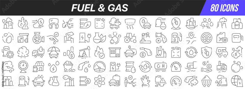 Fuel and gas line icons collection. Big UI icon set in a flat design. Thin outline icons pack. Vector illustration EPS10 Fuel and gas line icons collection. Big UI icon set in a flat design. Thin outline icons pack. Vector illustration EPS10