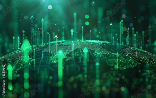 Abstract green glowing arrows pointing upward over a digital sphere.  Represents growth, progress, and innovation.