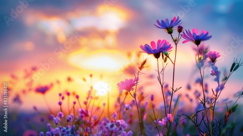 Meadow flowers in sunrise with blurred background