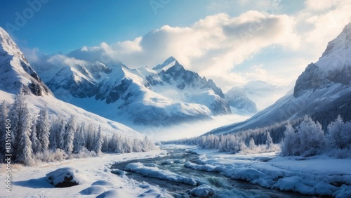 Wallpaper Mural Wild river landscape flowing in frozen mountain valley, around beautifully snowy spruce trees Torontodigital.ca