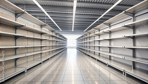 Stock photo of a retail store aisle with empty shelves and missing products , shoplifting, theft, stolen goods, crime, security, surveillance, protection, loss prevention photo