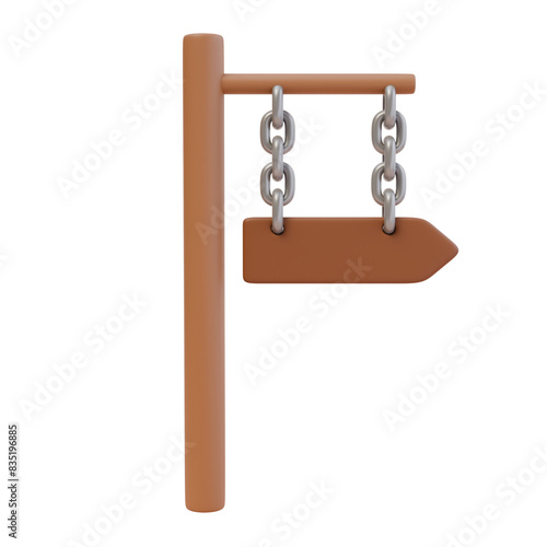 3d render illustration of signpost with arrow on a metal chain. Wooden signboard. Direction pointer, divarication guidepost. Isolated object photo