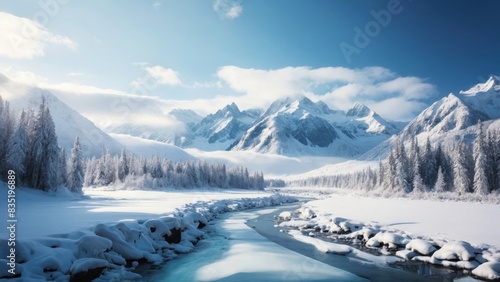 Wild river landscape flowing in frozen mountain valley, around beautifully snowy spruce trees